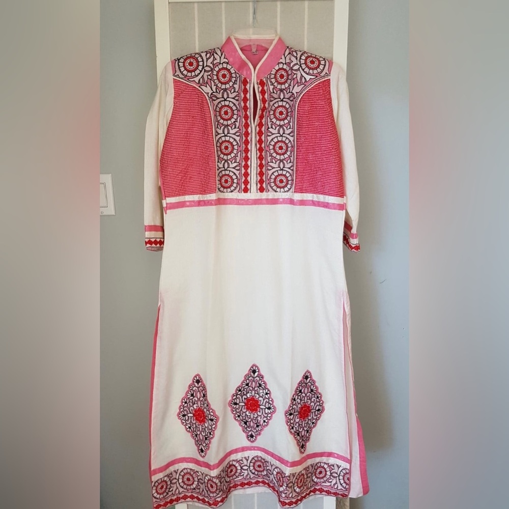 Hand Embroidered Long Cotton Silk Pink and White Dress